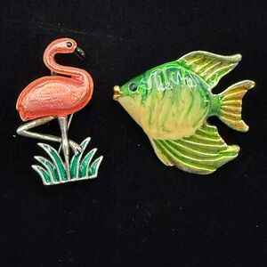 Vintage Signed MJ Enamel Brooch Bundle – Flamingo & Fish